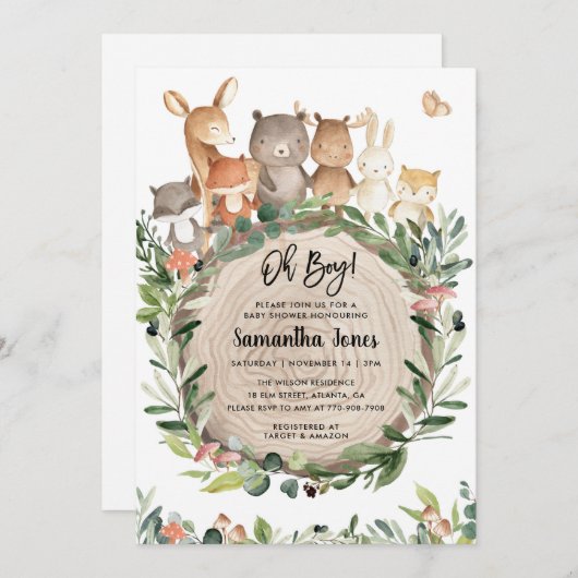 Woodland Animals Baby shower Invitation Kaart (Voorkant / Achterkant)