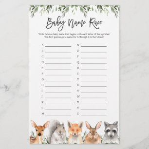 Woodland Animals Baby shower Name Race Game