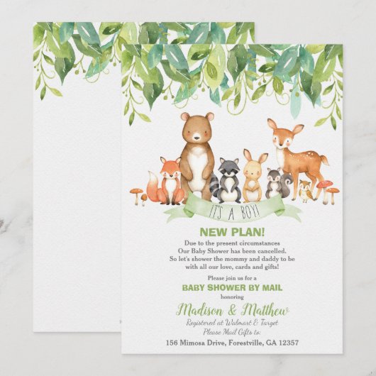 Woodland Animals Baby shower per Mail Greenery Boy Kaart (Voorkant / Achterkant)