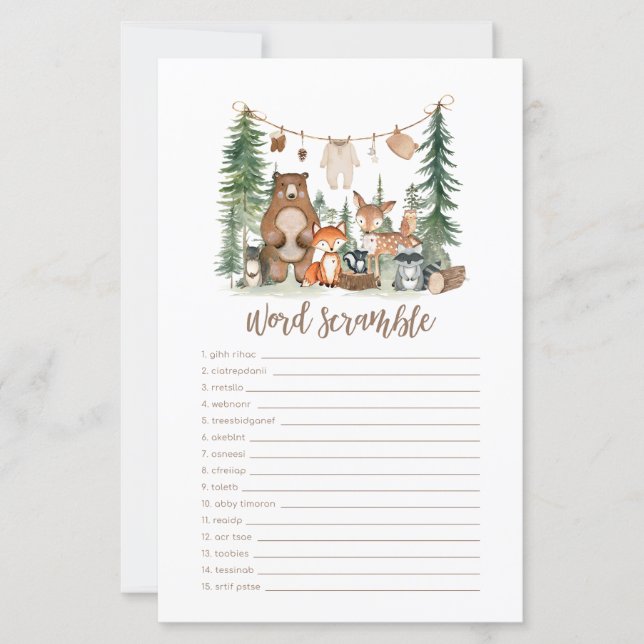 Woodland Animals Baby Shower Word Scramble Game (Voorkant)