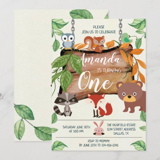 Woodland Animals Birthday Invitation Kaart (Voorkant / Achterkant)
