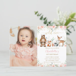 Woodland Animals Blush Floral 1e Verjaardag Foto Kaart