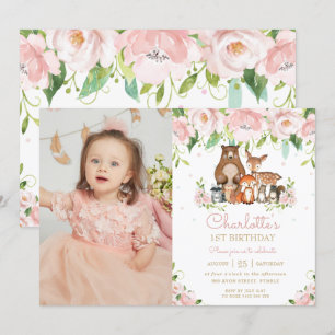 Woodland Animals Blush Floral 1e Verjaardag Foto Kaart