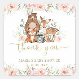 Woodland Animals Blush Floral Bedankt Favor Vierkante Sticker