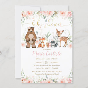 Woodland Animals Blush Floral Girl Baby shower Kaart