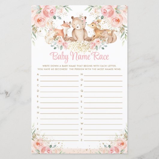 Woodland Animals Blush Floral Name Race Game (Voorkant)
