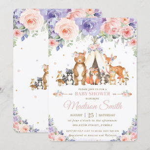 Woodland Animals Blush Lila Floral Baby shower Kaart