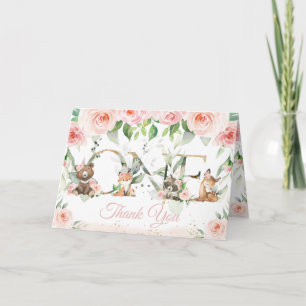 Woodland Animals Blush Pink Floral 1e verjaardag Bedankkaart