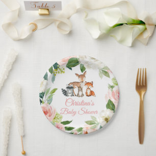 Woodland Animals & Blush Pink Flowers Baby shower Papieren Bordje