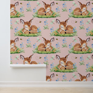 Woodland Animals Deer Fawn Baby Girl Nursery Behang