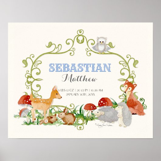 Woodland Animals Deer Fox Boy Newborn Stats Poster (Voorkant)