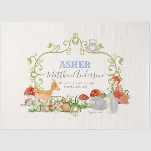 Woodland Animals Deer Fox Hegg Birth Stats Tissuepapier (Voorkant)