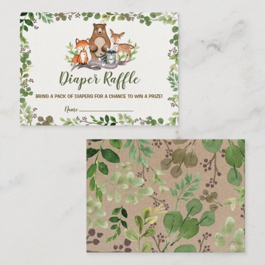 Woodland Animals Diaper Raffle Greenery Forest Informatiekaartje (Voorkant / Achterkant)