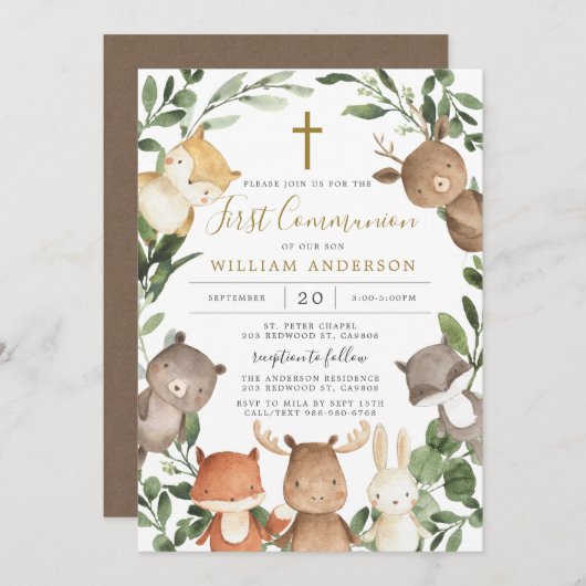 Woodland Animals First Community Invitation Kaart (Voorkant / Achterkant)