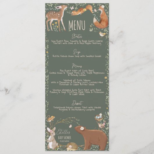Woodland Animals Forest Friends Baby shower Menu (Voorkant)