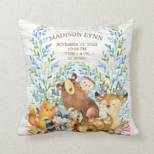 Woodland Animals Girl Boy Birth Stats Pillow Kussen