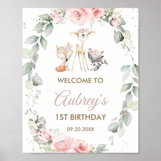 Woodland Animals Greeneral Floral Birthday Welcome Poster (Voorkant)
