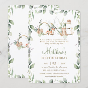 Woodland Animals Greenery 1st Birthday Boy Girl Kaart