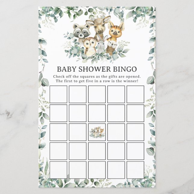 Woodland Animals Greenery Baby Shower Bingo Game (Voorkant)