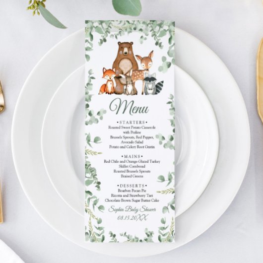 Woodland Animals Greenery Baby shower Flat Menu