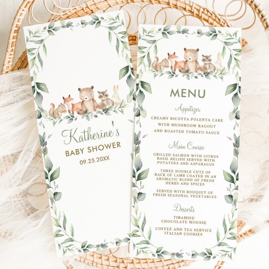 Woodland Animals Greenery Baby shower Party Menu
