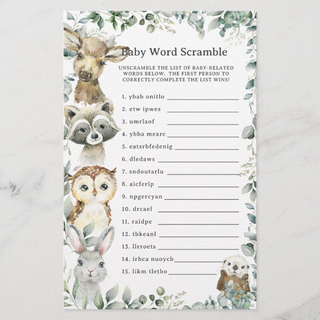 Woodland Animals Greenery Baby Word Scramble Game (Voorkant)