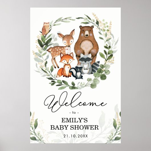 Woodland Animals Greenery Gold Forest Welcome Baby Poster (Voorkant)