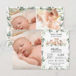 Woodland Animals Greenery New Baby Boy Foto Birth Aankondiging