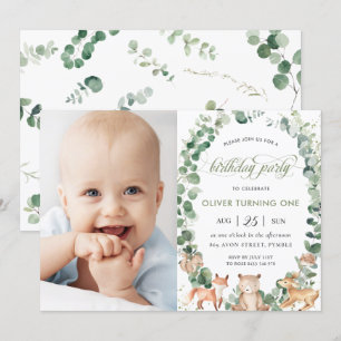 Woodland Animals Greenery Verjaardagsfeest Foto Kaart