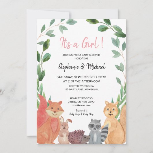 Woodland Animals Het is een Baby shower voor meisj Kaart (Voorkant)