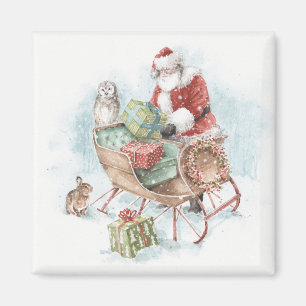 Woodland Animals met Santa Claus en zijn Sleigh Magneet