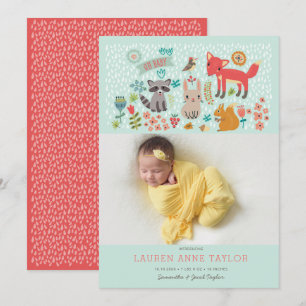 Woodland Animals New Baby Birth Announance Kaart