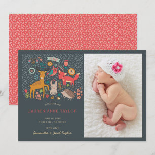 Woodland Animals New Baby Birth Announance Kaart