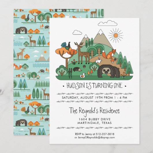 Woodland Animals Party Invitation Kaart (Voorkant / Achterkant)