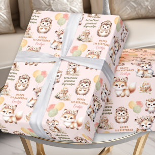 Woodland Animals Pastel Girl 1st Verjaardag Naam Cadeaupapier