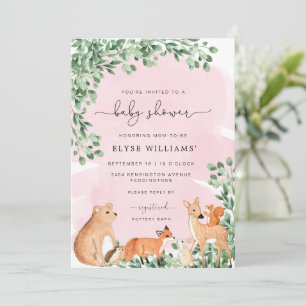 Woodland Animals Pink Baby shower Invitation Kaart