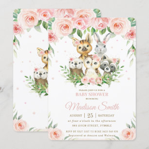 Woodland Animals Pink Blush Floral Baby shower Kaart