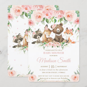 Woodland Animals Pink Blush Floral Baby shower Kaart