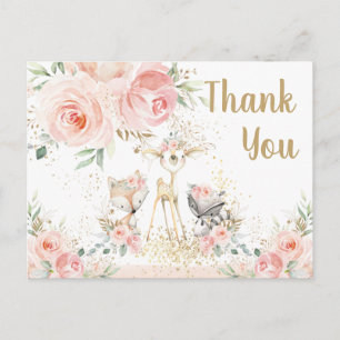 Woodland Animals Pink Floral Baby Dank u Briefkaart