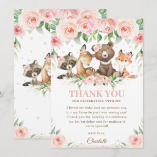 Woodland Animals Pink Floral Birthday Baby shower Bedankkaart