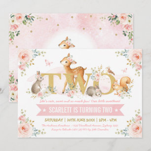 Woodland Animals Pink Gold Floral 2e verjaardag Kaart
