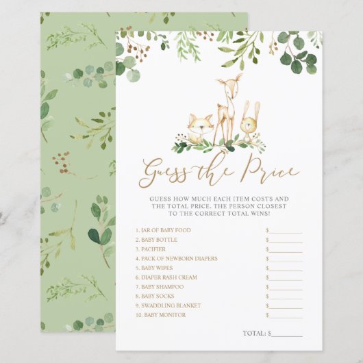 Woodland Animals raden het Baby shower van de Prij (Voorkant / Achterkant)