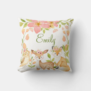 Woodland Animals Roze Bloemen Gepersonaliseerd Kussen