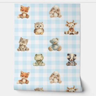 Woodland Animals Toys Blue Plaid Baby Boy Nursery Behang