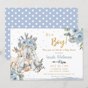 Woodland Animals Tribal Blue Gold Boy Baby shower Kaart