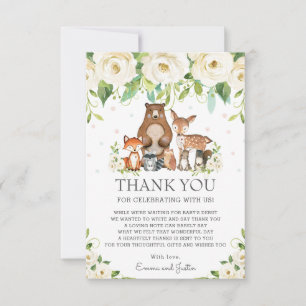 Woodland Animals White Ivory Floral Baby shower Bedankkaart