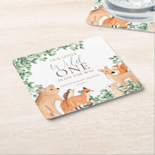 Woodland Animals White Wild One Baby shower Vierkante Kartonnen Onderzetter