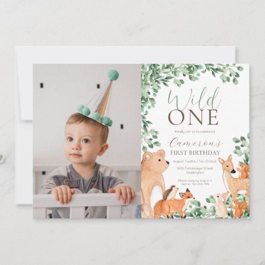 Woodland Animals Wild One First Birthday Foto Kaart (Voorkant)