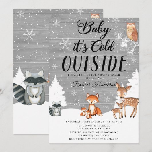 Woodland Animals Winter Baby shower Kaart (Voorkant / Achterkant)