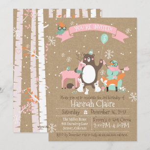 Woodland Animals Winter Girls Verjaardag Uitnodigi Kaart